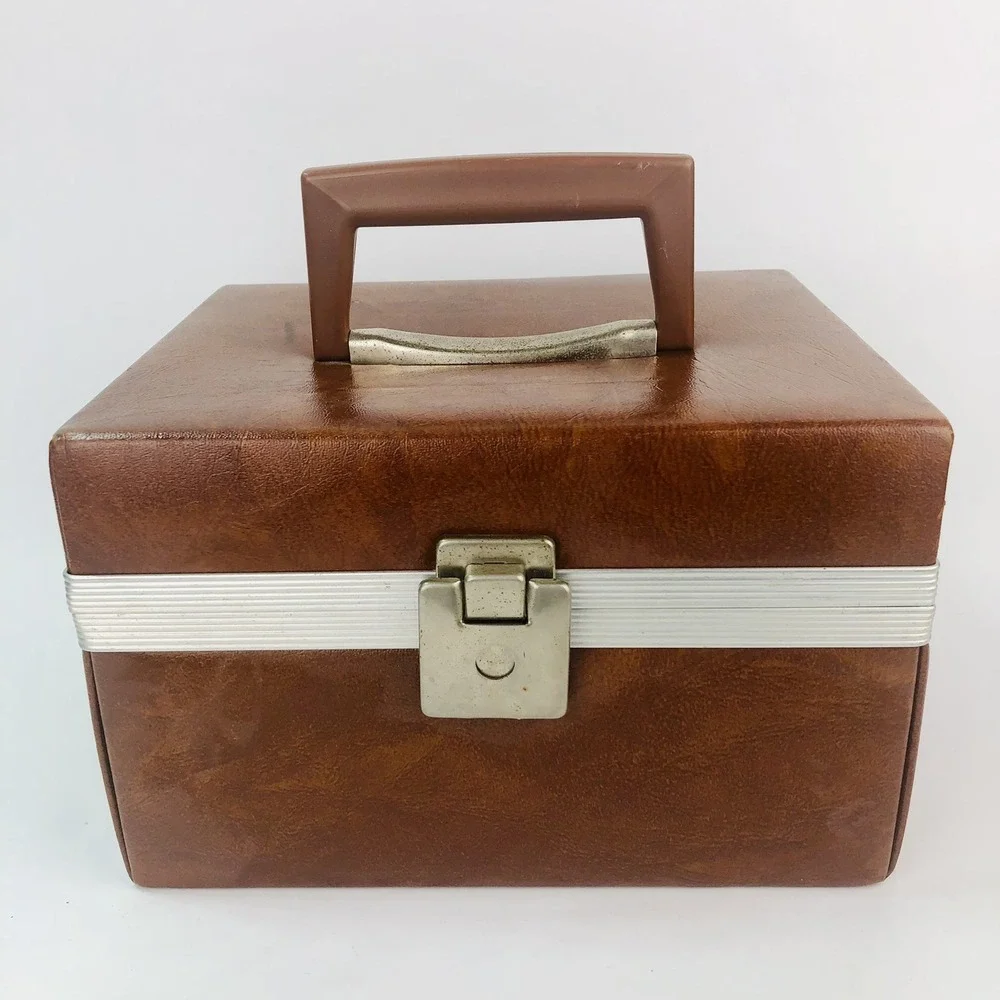 VTG Brown Faux Leather Travel Case Cosmetic Makeup Camera Carrier MCM 1960s